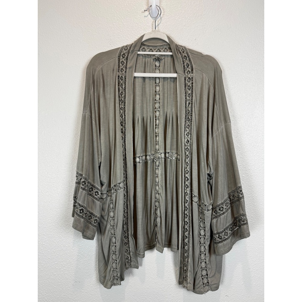 POL Cardigan Women Medium Gray JFT894 Crochet Lace Trim Pleated Back Open Front